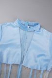 Небесно-голубые сексуальные однотонные лоскутные прозрачные платья с высоким воротником и длинными рукавами