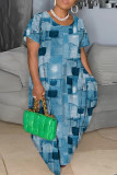 Bleu foncé décontracté imprimé basique col rond robe à manches courtes robes de grande taille
