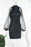 Pure Black Casual Solid Patchwork Genomskinliga halva turtleneck långärmade klänningar