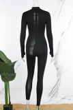 Macacão skinny preto sexy casual sólido vazado meia gola alta