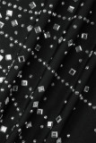 Black Elegant Solid Patchwork Hot Drill Zipper One Shoulder Wrapped Skirt Dresses