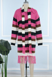 Rose Red Casual Color Block Tassel Patchwork Cardigan Collar Outerwear（With A Scarf）