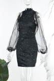 Puro preto casual sólido retalhos transparente meia gola alta vestidos de manga comprida