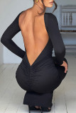 Черные сексуальные повседневные однотонные длинные платья с открытой спиной и круглым вырезом