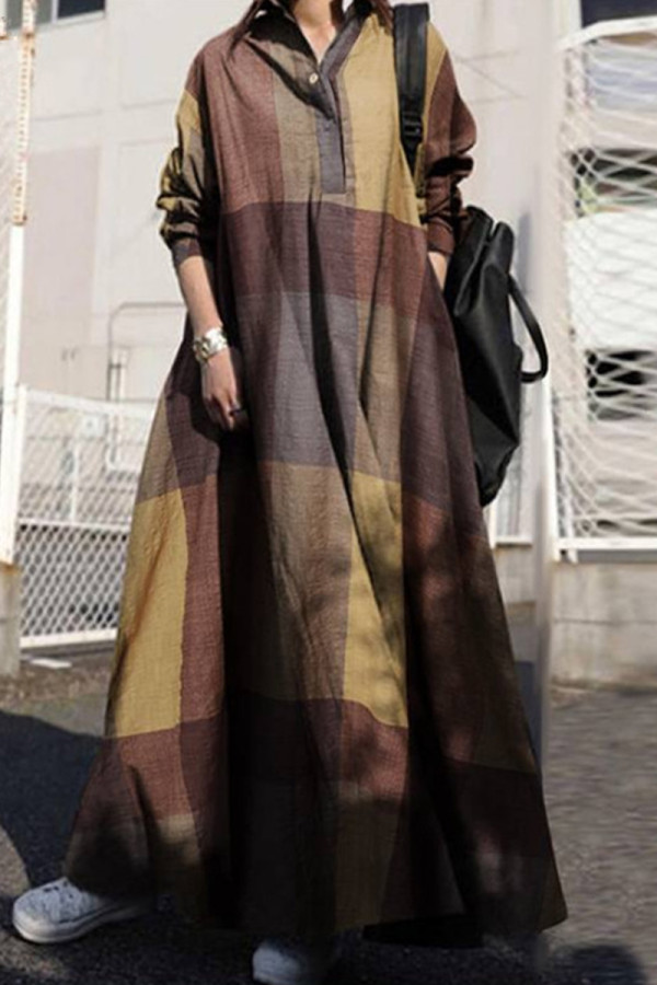 Gele casual print patchwork kraag lange jurk jurken