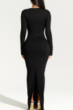 Black Street Solid Patchwork Slit Asymmetrical Collar Long Dress Dresses