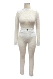 White Sexy Solid Patchwork See-through Turtleneck Long Sleeve Two Pieces