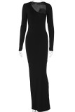 Zwarte straat effen patchwork split asymmetrische kraag lange jurk jurken