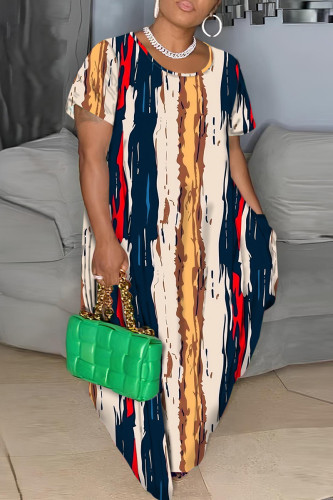 Dark Blue Casual Print Basic O Neck Short Sleeve Dress Plus Size Dresses
