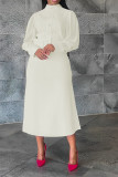 Boucle de patchwork solide élégante blanche avec ceinture O cou robes à manches longues