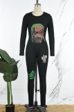 Zwarte streetprint patchwork skinny jumpsuits met ronde hals