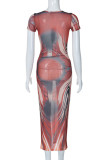 Colour Casual Print Slit O Neck Short Sleeve Dress