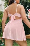 Розовый сексуальный живой однотонный уздечка с открытой спиной на тонких бретельках плюс размер пижамы комплект из двух предметов
