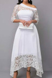 Robes de robe irrégulières à col oblique en dentelle unie élégante blanche