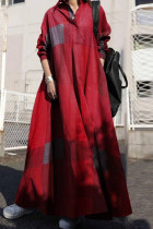 Rotes beiläufiges Drucken-Patchwork-Umlegekragen-lange Kleid-Kleider