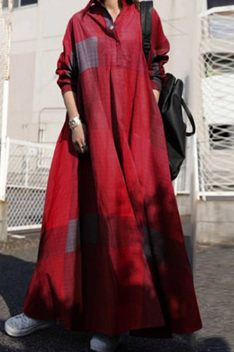 Red Casual Print Patchwork Turndown Collar Long Dress Dresses