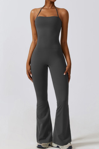 Grey Sportswear Solid Patchwork Halter Boot Cut Jumpsuits