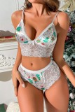 White Sexy Living Print Patchwork Backless Lingerie
