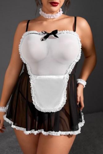 Black Sexy Living Patchwork Frenulum See-through Backless Spaghetti Strap Plus Size Sleepwear Two-piece Set