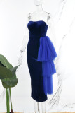 Темно-синие сексуальные однотонные лоскутные платья с открытой спиной и без бретелек в один шаг с юбкой