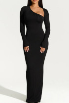 ブラック ストリート ソリッド パッチワーク スリット 非対称襟 ロング ドレス ドレス