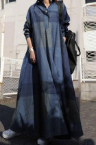 Blauwe casual print patchwork turndown kraag lange jurk jurken