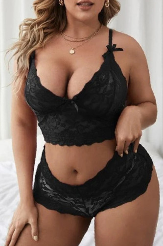 Black Sexy Solid See-through Backless Spaghetti Strap Plus Size Underwear Set