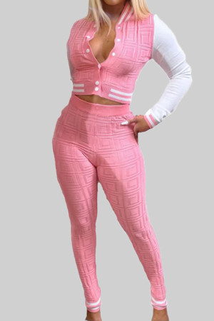 Pink Casual Color Block Patchwork Buckle O Neck Long Sleeve Two Pieces