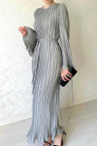 Black Street Solid Patchwork Pleated O Neck Long Dress Dresses