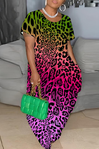Green Casual Print Basic O Neck Short Sleeve Dress Plus Size Dresses