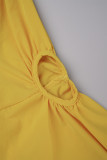 Amarelo Street Solid escavado patchwork alta abertura O pescoço vestido longo vestidos