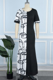 Weiße, schwarze, elegante, bedruckte Patchwork-O-Ausschnitt-Kleider