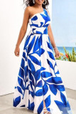 Blue Elegant Print Patchwork High Opening One Shoulder Printed Dress Dresses