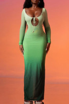 Grün Sexy Allmählicher Wechsel Verband Ausgehöhltes Patchwork U-Ausschnitt Langes Kleid Kleider
