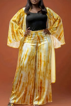 Amarillo elegante estampado patchwork cardigan cuello talla grande dos piezas