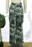 Армейский зеленый уличный принт, лоскутное шитье, карманы, пуговицы, молния, свободные брюки с низкой талией, широкие штанины, низ с принтом