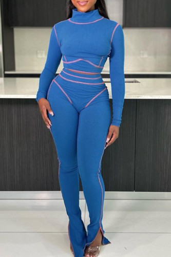 Blue Casual Solid Patchwork Slit Contrast Half A Turtleneck Long Sleeve Two Pieces