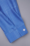 Azul casual estampa patchwork cordão cordão bolso fivela gola aberta manga comprida duas peças