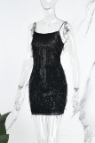 Célébrités noires paillettes solides patchwork dos nu bretelles spaghetti robes jupe enveloppée