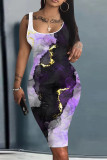 Фиолетовое сексуальное повседневное платье с принтом, базовое платье с U-образным вырезом, платья
