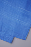 Blu Casual Stampa Patchwork Disegna String Tasca Fibbia Colletto con risvolto Manica lunga Due pezzi