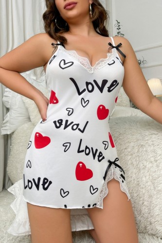 Branco Sexy Living Print Fenda Spaghetti Strap Plus Size Pijamas