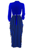 Blue Casual Color Block Tassel Patchwork Contrast V Neck Long Sleeve Two Pieces
