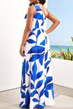 Blauwe elegante print patchwork hoge opening één schouder bedrukte jurk Jurken