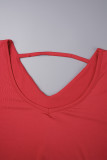Красные элегантные однотонные лоскутные платья без пояса с V-образным вырезом и юбкой-карандаш (без пояса)