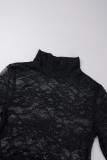 Robe longue noire sexy en dentelle unie, patchwork transparente, ouverture haute, col roulé