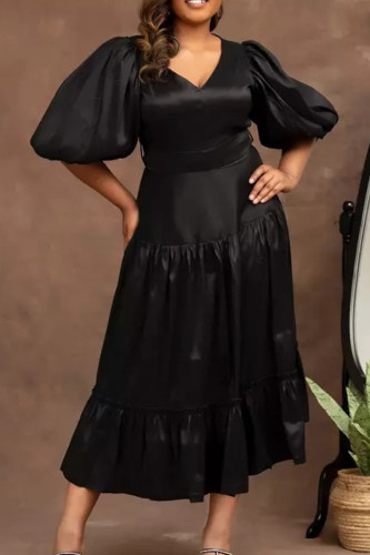Schwarze, elegante, einfarbige, lange Kleider mit Patchwork-O-Ausschnitt