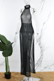 Schwarze, sexy, bronzierende Patchwork-Kleider mit hoher Öffnung und O-Ausschnitt aus Mesh