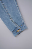 Blaue, langärmlige Jeansjacke in normaler Street-Solid-Optik mit zerrissenem Patchwork und Schnalle, Umlegekragen