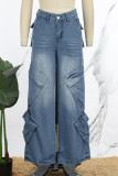 Jeans in denim dritto a vita alta con bottoni e tasche patchwork tinta unita azzurro